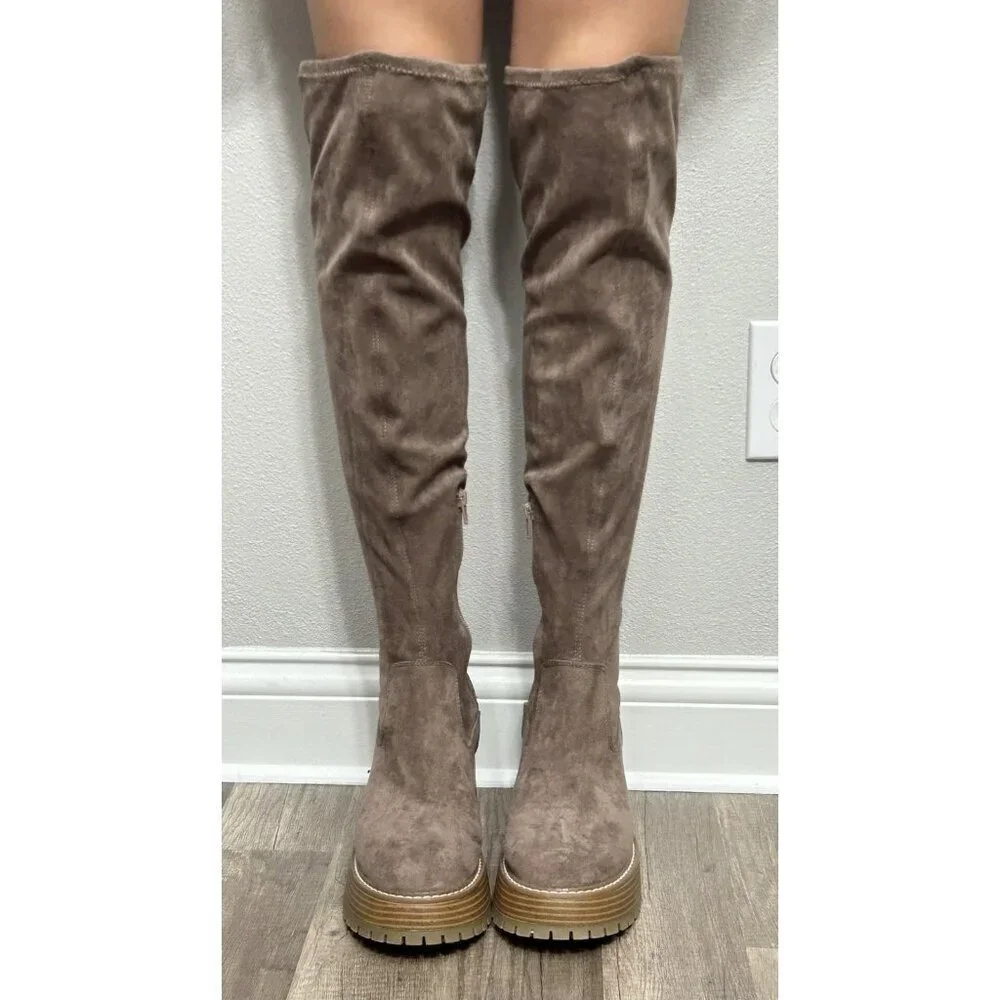NEW Altar’d State Faux Suede Over The Knee Boots Taupe Chunky Lug Sole Size 8.5M